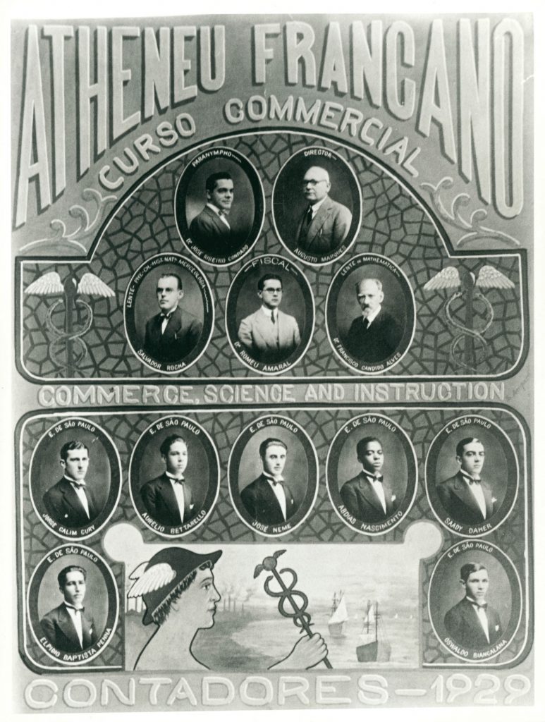 Retratos dos contadores formandos no Curso Commercial do Atheneu Francano, em Franca. Abdias aparece na terceira linha de fotos, o quarto da esquerda para a direita