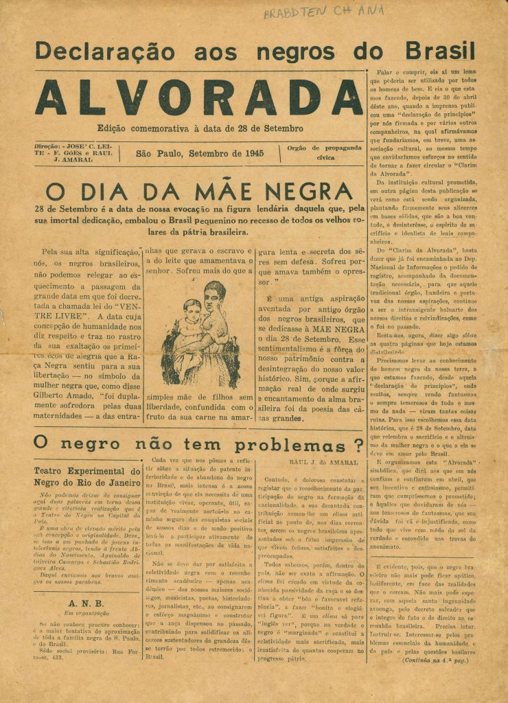 Jornal Alvorada, editado em São Paulo, edição comemorativa do dia 28 de setembro de 1945 em homenagem ao Dia da Mãe Negra
