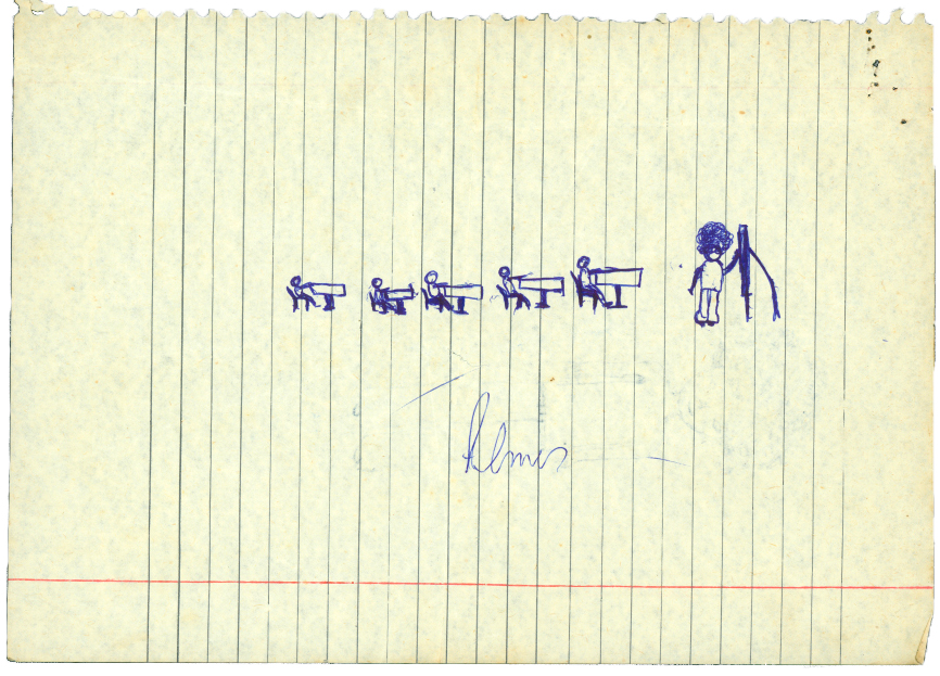 Desenho de Almir Evaristo Vitorino, representando Conceição Evaristo em sala de aula, diante de seus alunos