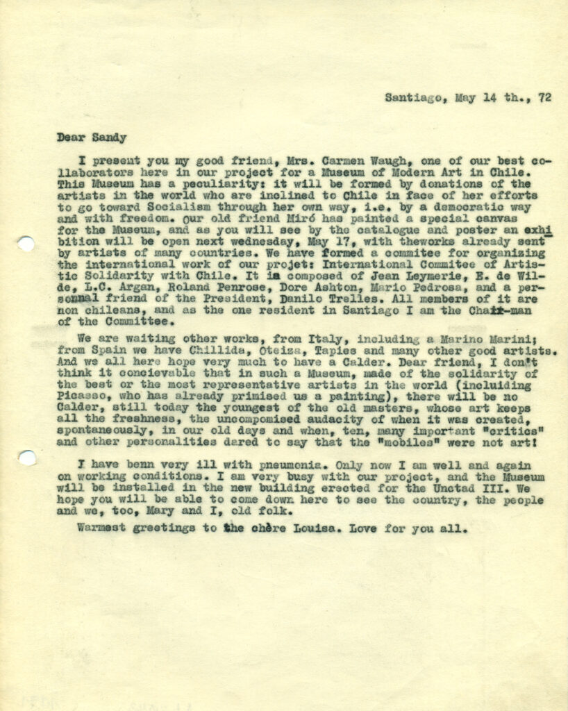 Carta de Mario Pedrosa ao artista visual Alexander Calder, 14 de maio de 1972 acervo Museu da Solidariedade Salvador Allende/Fundação Arte e Solidariedade